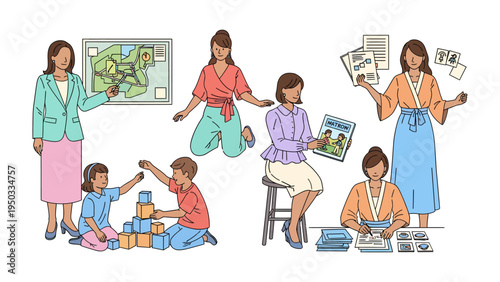 Empowering the Future: A captivating illustration showcases a woman's diverse roles, from guiding learning to nurturing creativity and shaping young minds.