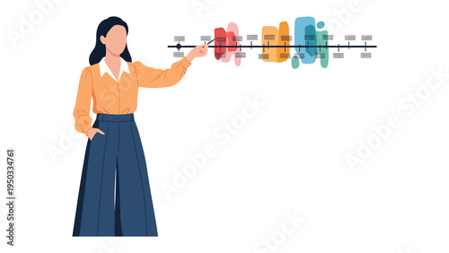 Strategic Timeline Analysis: A woman in a business environment draws attention to a timeline, highlighting crucial milestones and charting the trajectory of business