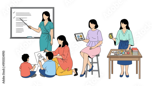 Teacher's Creative Class: Educators facilitating different learning methods with their students, fostering an engaging educational environment.