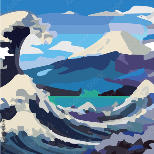 和風の波と山の風景ベクターイラスト 浮世絵風 日本の海背景