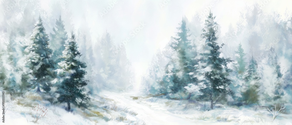 Fototapeta premium Tranquil Winter Forest Watercolor. watercolor winter snowfall pine tree land colorful