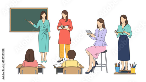 Learning in Focus: An illustration showing diverse teachers engaging with students in a classroom setting, each embodying different teaching approaches and techniques. 