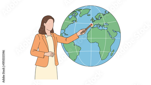 Global Exploration: A woman, standing before a globe, points with a pointer, a visual testament to geographical exploration and learning. 
