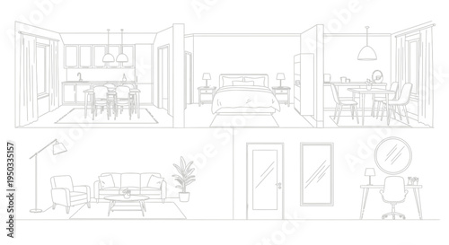 Architectural black and white line drawing depicting multiple contemporary home interiors with furniture and household items.