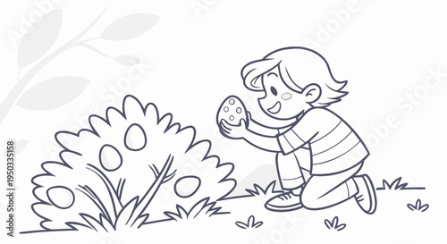 Illustration of kids finding decorated eggs during an Easter egg hunt in a garden bush