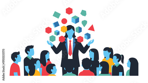 Leader's Vision: A composed leader, radiating guidance, inspires a diverse audience with abstract shapes representing innovation and ideas. 