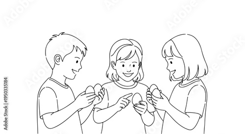 Three happy kids participating in a fun egg hunt tradition, holding colorful Easter eggs