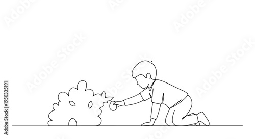 Simple line drawing of a young boy searching for a hidden egg during an Easter egg hunt