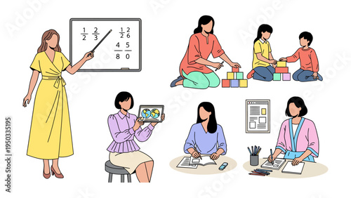 Education in Harmony: A collection of educational illustration, students, instructors, and diverse materials come together in a dynamic arrangement of learning.