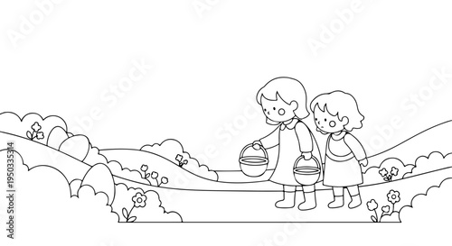 Two adorable kids enjoying an Easter egg hunt in a whimsical spring landscape