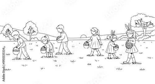 Children enjoy an exciting Easter egg hunt in a grassy field with trees and a sunset in the background, a delightful scene for families and kids