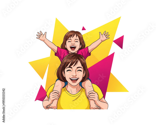 Happy mother carrying laughing daughter on shoulders. Mom giving child piggyback ride. Cheerful energetic family vector illustration. Bright yellow and pink geometric background for Mothers Day.