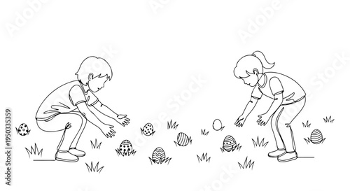 Children having fun on an Easter egg hunt searching for colorful eggs hidden in the grass