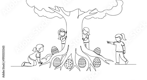 Joyful Easter egg hunt for kids around a large tree with playful children searching for colorful eggs in a whimsical illustration