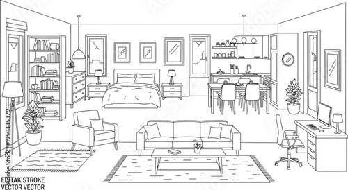 Modern minimalist line art illustration of an open concept studio apartment with living room, bedroom, kitchen, and home office areas.