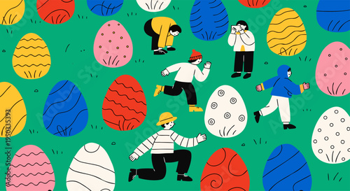 Cute cartoon illustration of kids on an exciting Easter egg hunt adventure in a grassy field