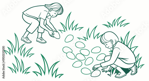 Illustration of two kids participating in an Easter egg hunt, gathering colorful eggs scattered in the grass