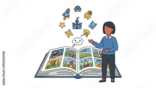 Reading Adventure: An inspiring illustration of a person unveiling a captivating open book, its pages alive with whimsical drawings of rockets, castles, and cheerful characters.