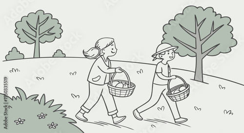 Two children happily participate in an Easter egg hunt, carrying their baskets through a grassy field