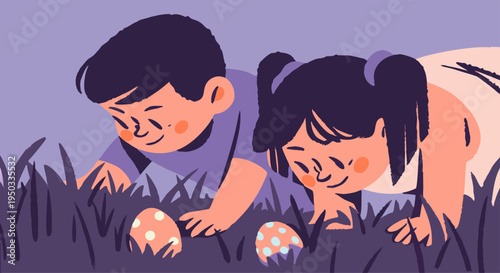 Cute kids enjoying an Easter egg hunt in the grass, with colorful eggs
