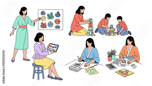 Creative Learning: Depicting a series of educational moments, this image illustrates a woman teaching in different scenarios. From presenting to students to artistic activities.