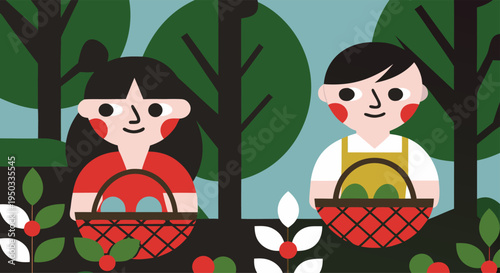 A cheerful illustration of two kids with baskets, participating in an egg hunt amidst lush greenery and trees, depicting a joyful spring activity