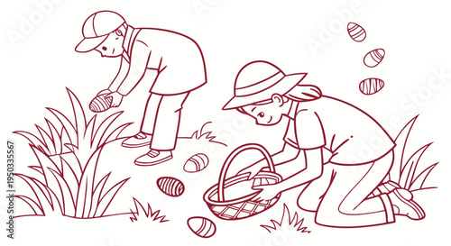 Joyful kids embarking on an exciting Easter egg hunt, gathering painted eggs in baskets amidst green grass and springtime foliage