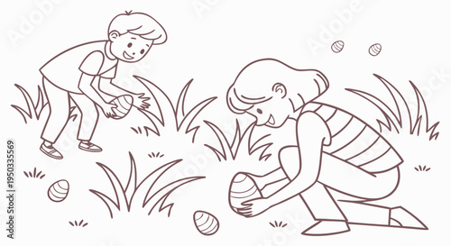Happy kids enjoying an exciting Easter egg hunt in a grassy field with many eggs to discover