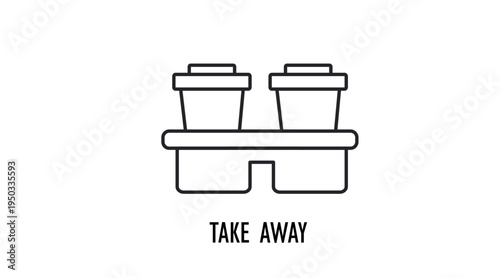 Simple black line takeaway coffee cups in drink carrier icon, disposable beverage cups holder for takeaway drinks isolated on white background, coffee delivery and take away drink concept for web and 