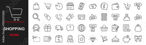 Shopping web icons set. Shop - simple thin line icons collection. Containing money, list products, bank card, bag, terminal, gifts and more. Simple web icons set