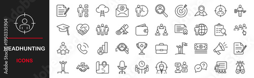 Headhunting web icons set. Head hunting - simple thin line icons collection. Containing job interview, hiring process, candidat, team, Career Path, Resume and more. Simple web icons set