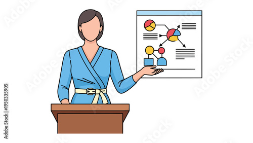Presentation of Knowledge: An elegant presenter stands confidently at a podium, her gaze fixed on a sophisticated display illustrating the intricate connections and data of a complex idea.