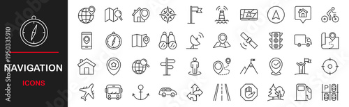 Navigation web icons set. Locations - simple thin line icons collection. Containing route map, navigation, map with a pin, location, direction, maps, traffic and more. Simple web icons set