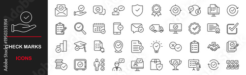 Check marks web icons set. Approved marks sign - simple thin line icons collection. Containing accepted document, quality check, approved, check list, warranty and more. Simple web icons set