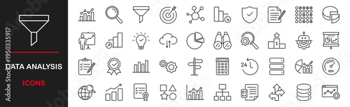 Data analysis web icons set. Data analysis - simple thin line icons collection. Containing charts, graphs, traffic analysis, big data, statistics, analytics and more. Simple web icons set