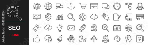 SEO web icons set. Search Engine Optimization - simple thin line icons collection. Containing target, website stats, watch list, marketing and more. Simple web icons set