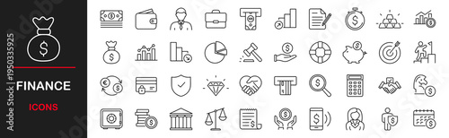 Finance web icons set. Money - simple thin line icons collection. Containing wallet, ATM, bundle of money, hand with a coin, portfolio analysis, financial report and more. Simple web icons set