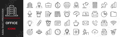 Office web icons set. Work place - simple thin line icons collection. Containing office building, workplace, business communication, business, company, work, and more. Simple web icons set