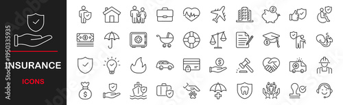 Insurance web icons set. Insurance - simple thin line icons collection. Containing car protection, health Insurance, contract, travel insurance, risk, help service and more. Simple web icons set