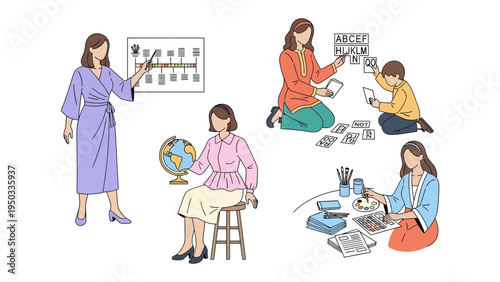 Teaching Moments: A collection of illustrations depicting women in various roles, from educators to assistants, engaged in learning activities with visual tools