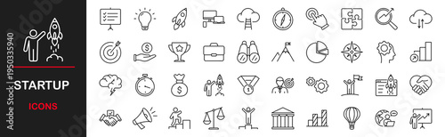Startup web icons set. Startup - simple thin line icons collection. Containing strategy, business innovation report, development plan, startup space rocket and more. Simple web icons set