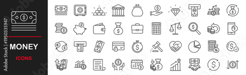 Money web icons set. Finance - simple thin line icons collection. Containing wallet, ATM, piggy bank, cash, credit cards, money bag, currency exchange, coins and more. Simple web icons set