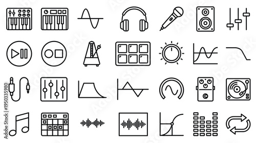Set of audio and music production line icons