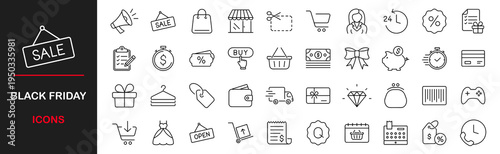 Black friday web icons set. Shopping - simple thin line icons collection. Containing promotions, coupon, discounts shopping, shopping cart and more. Simple web icons set
