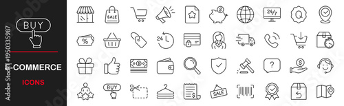E -Commerce web icons set. E - Commerce - simple thin line icons collection. Containing shopping cart, support, credit card, discount, search, market, shop, delivery and more. Simple web icons set