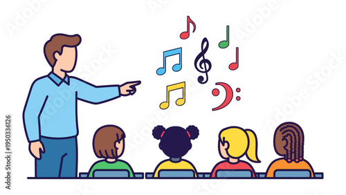 Musical Harmony and Learning: A dedicated instructor introduces the beauty of music to a group of young learners. A joyful learning atmosphere, with colorful musical notes.