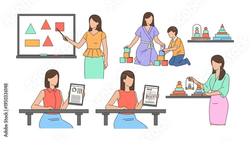 Teacher guiding and inspiring: A teacher actively engages with children, fostering learning and exploration in an educational setting through various teaching aids.