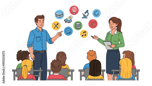 Educational Engagement: A lively classroom scene depicts an engaging educational experience, where educators and students actively participate in a learning process, fostering knowledge and curiosity