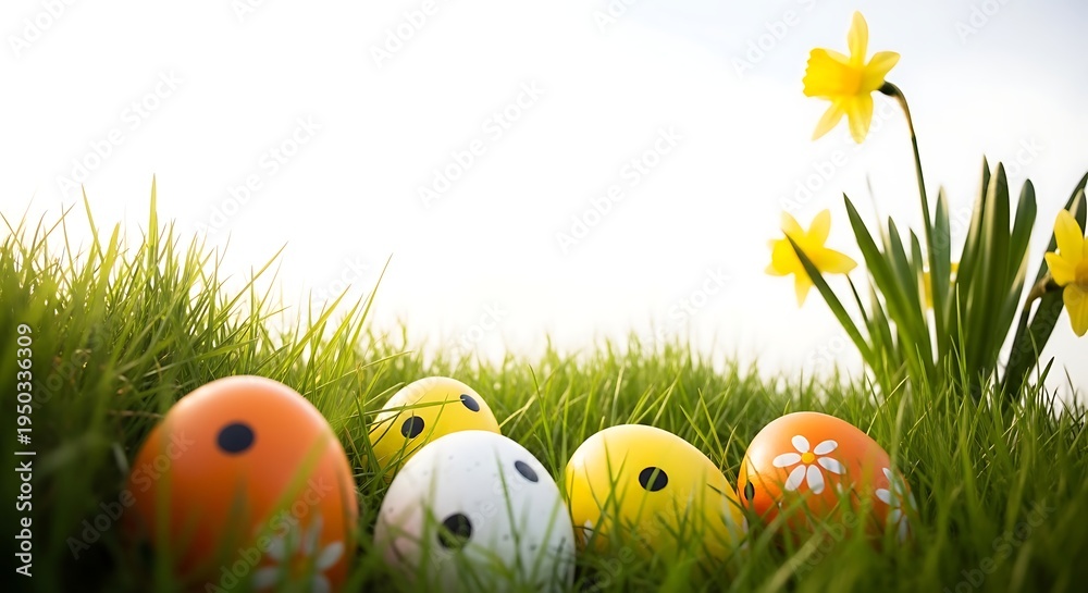 Fototapeta premium Easter sunday eggs in grass with daffodils symbolizing springtime and holiday cheer