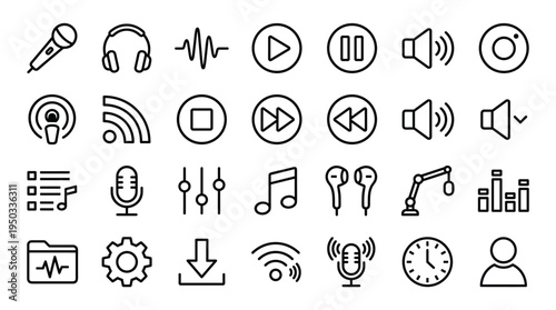 Set of podcast and audio media interface line icons